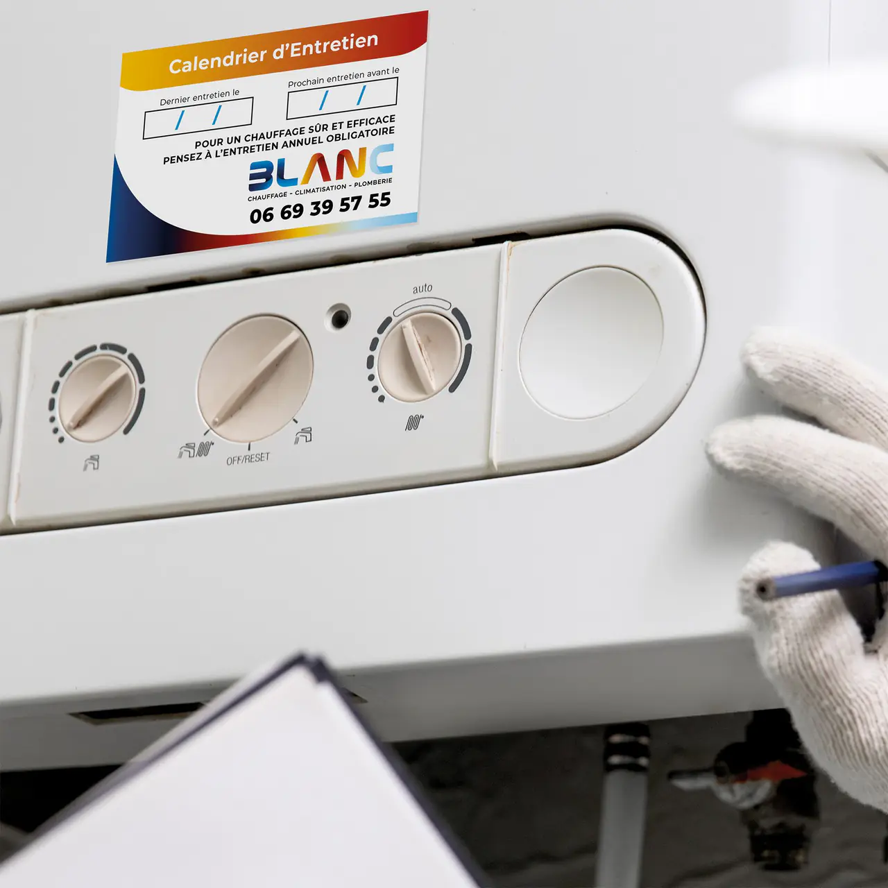 Blanc : autocollant chaudière réalisé par l’agence Centaure