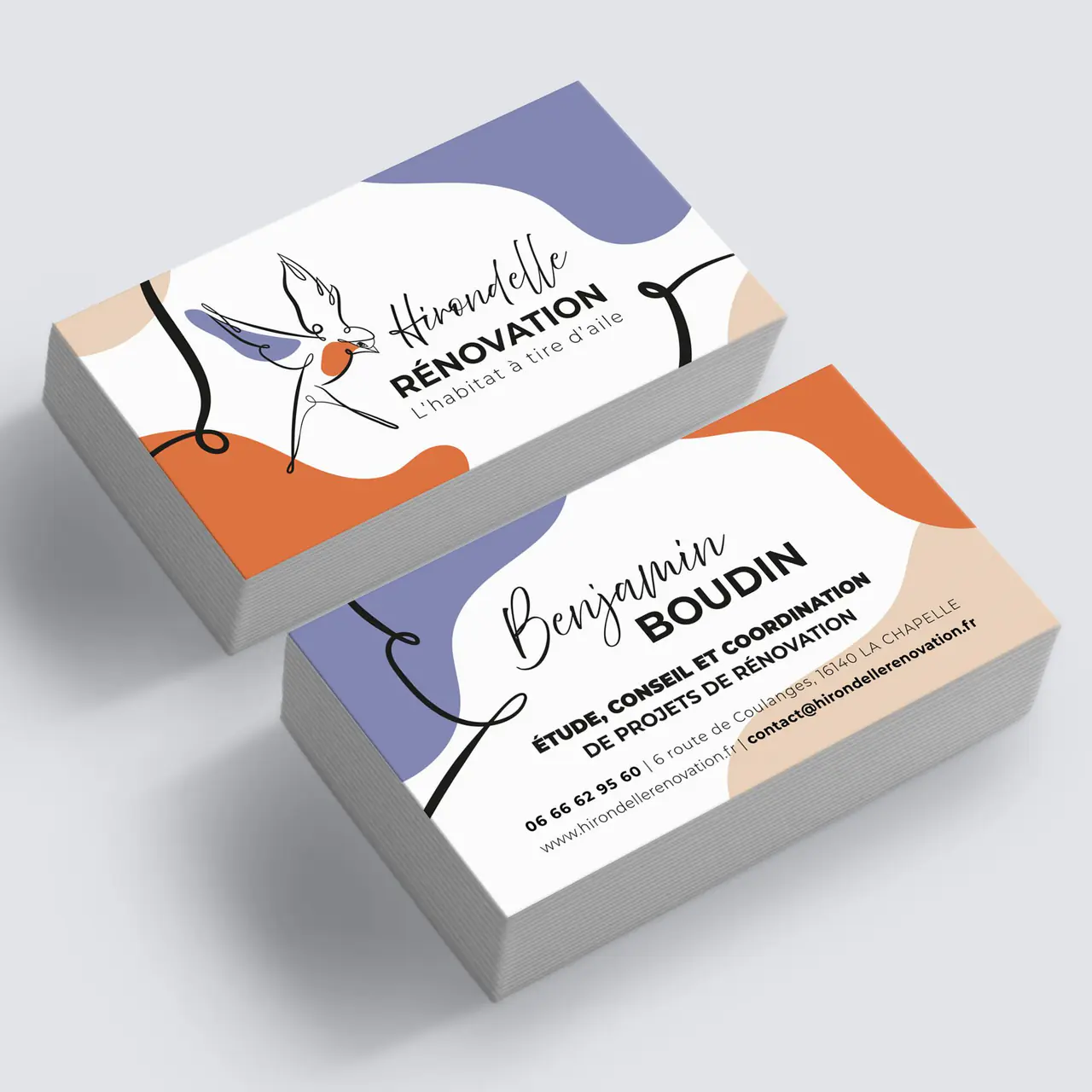 Hirondelle Rénovation : cartes de visite réalisé par l’agence Centaure